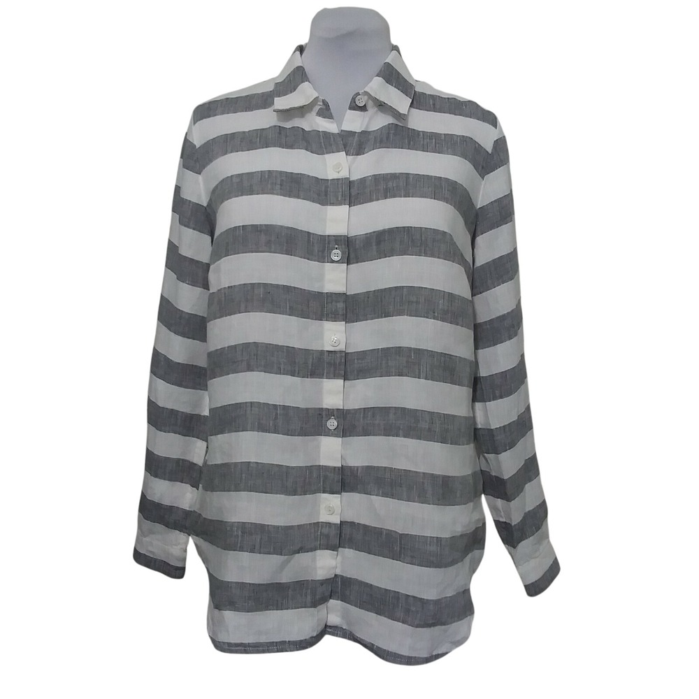 Coldwater Creek Womens Small Grey White Stripe Linen Blend Roll Tab Button Shirt